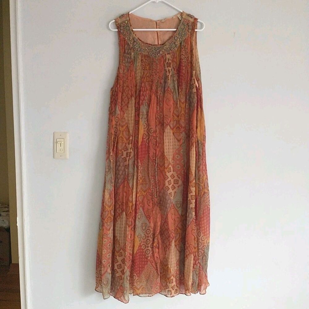 Soft Surroundings Maxi Dress XL Red Orange Floral Beaded Tank Overlay Boho